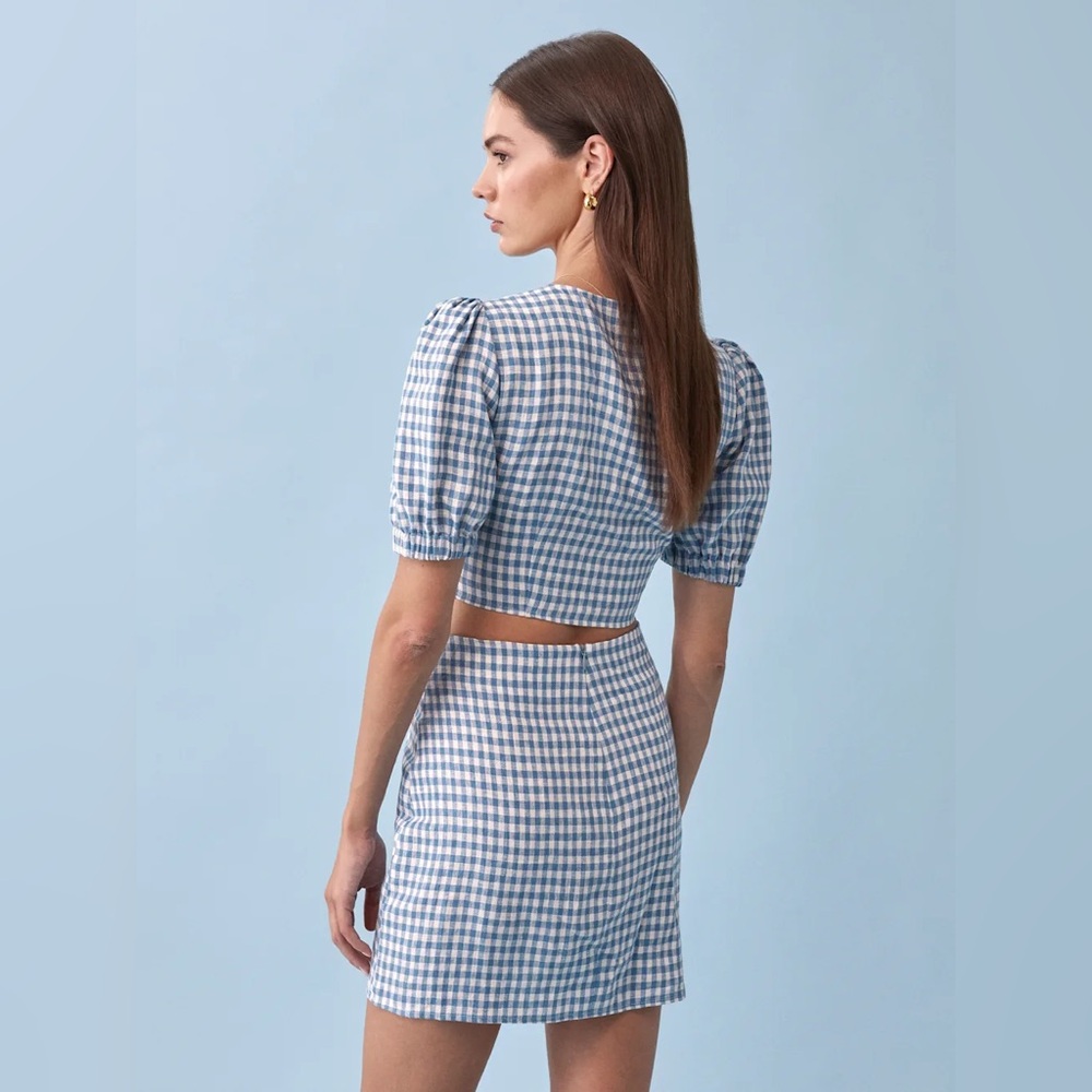 Reformation Ethel Linen Two Piece Azure Check - Size 4